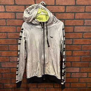 Victoria Secret PINK Silver Metallic Spell Out Logo Zip Up Hoodie Sweatshirt S